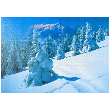puzzleplate Verschneite Tannen am Niederhorn (1963m) mit Blick zum Niesen (2362m) 1000 Puzzle