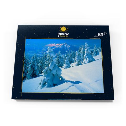 Verschneite Tannen am Niederhorn (1963m) mit Blick zum Niesen (2362m) 100 Puzzle Schachtel Ansicht3