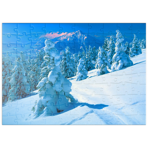 puzzleplate Verschneite Tannen am Niederhorn (1963m) mit Blick zum Niesen (2362m) 100 Puzzle