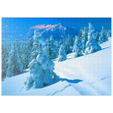 puzzleplate Verschneite Tannen am Niederhorn (1963m) mit Blick zum Niesen (2362m) 500 Puzzle