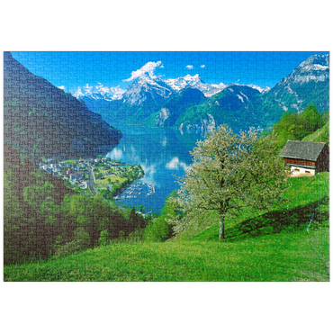 puzzleplate Blick auf das Dorf am See gegen Gitschen und Urirotstock 1000 Puzzle