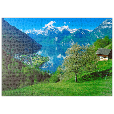 puzzleplate Blick auf das Dorf am See gegen Gitschen und Urirotstock 500 Puzzle