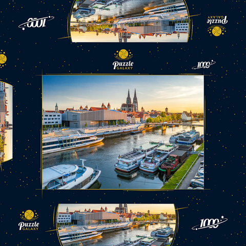 Museum der Bayerischen Geschichte am Ufer der Donau mit dem Regensburger Dom am Abend 1000 Puzzle Schachtel 3D Modell