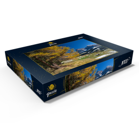 Darstellung des Puzzle Motivs Herbst auf der Seiser Alm (1700 - 2300m) gegen Langkofelgruppe (3181m) - Puzzleteile: 1000
