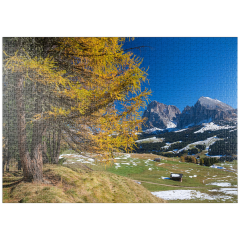 puzzleplate Herbst auf der Seiser Alm (1700 - 2300m) gegen Langkofelgruppe (3181m), Trentino-Südtirol 1000 Puzzle