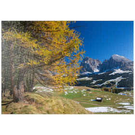 Darstellung des Puzzle Motivs Herbst auf der Seiser Alm (1700 - 2300m) gegen Langkofelgruppe (3181m) - Puzzleteile: 1000