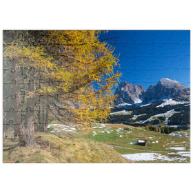 Darstellung des Puzzle Motivs Herbst auf der Seiser Alm (1700 - 2300m) gegen Langkofelgruppe (3181m) - Puzzleteile: 100