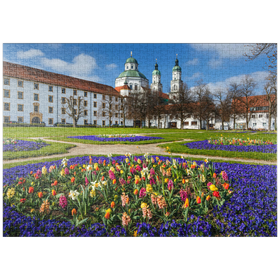 Darstellung des Puzzle-Motivs Blick aus dem Hofgarten auf die barocke Basilika St. Lorenz im Frühling – Puzzleteile: 1000