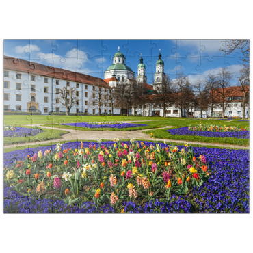 puzzleplate Blick aus dem Hofgarten auf die barocke Basilika St. Lorenz im Frühling 100 Puzzle