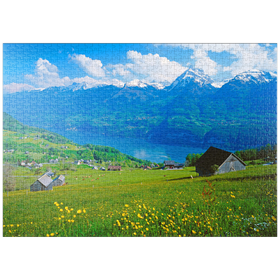 Darstellung des Puzzle Motivs Blick über den Walensee gegen Mürtschenstock (2441m), Amden, Kanton St. Gallen - Puzzleteile: 1000
