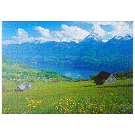 Darstellung des Puzzle Motivs Blick über den Walensee gegen Mürtschenstock (2441m), Amden, Kanton St. Gallen - Puzzleteile: 500