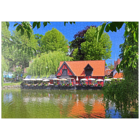 Darstellung des Puzzle-Motivs Kleiner Teich mit Restaurant Faergekroen im Vergnügungspark Tivoli – Puzzleteile: 1000