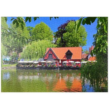 puzzleplate Kleiner Teich mit Restaurant Faergekroen im Vergnügungspark Tivoli 1000 Puzzle