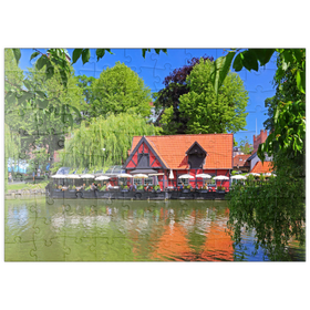Darstellung des Puzzle Motivs Kleiner Teich mit Restaurant Faergekroen im Vergnügungspark Tivoli - Puzzleteile: 100