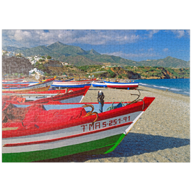 Darstellung des Puzzle-Motivs Fischerboote am Strand von Nerja, Malaga, Andalusien, Spanien – Puzzleteile: 1000