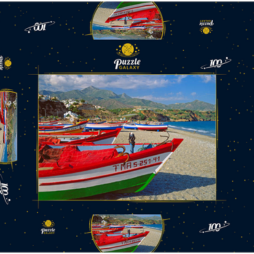 Fischerboote am Strand von Nerja, Malaga, Andalusien, Spanien 100 Puzzle Schachtel 3D Modell