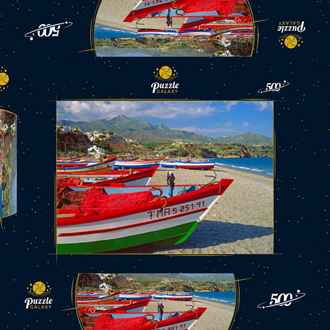 Fischerboote am Strand von Nerja, Malaga, Andalusien, Spanien 500 Puzzle Schachtel 3D Modell
