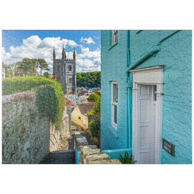 Darstellung des Puzzle-Motivs Pfarrkirche St Fimbarrus in Fowey am Fowey River, Cornwall – Puzzleteile: 1000