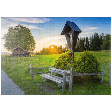 puzzleplate Kreuz mit Bank bei Sonnenuntergang auf der Aidlinger Höhe 1000 Puzzle