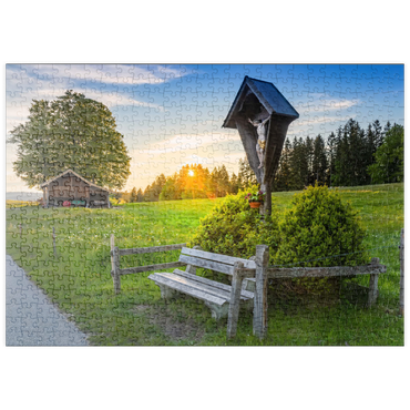 puzzleplate Kreuz mit Bank bei Sonnenuntergang auf der Aidlinger Höhe 500 Puzzle