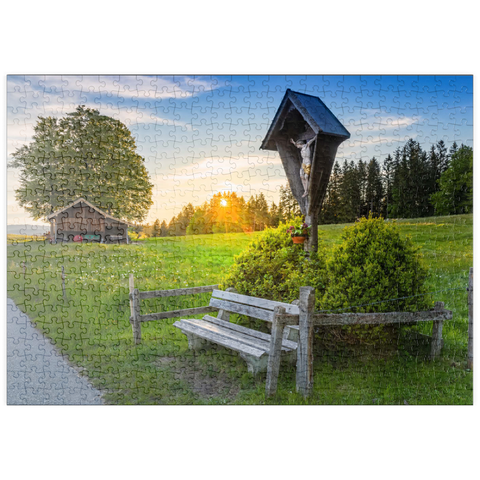 puzzleplate Kreuz mit Bank bei Sonnenuntergang auf der Aidlinger Höhe 500 Puzzle