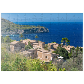 Darstellung des Puzzle Motivs Blick über Lluc Alcari in die Cala de Deia, Mallorca, Balearen, Spanien - Puzzleteile: 100