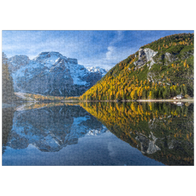 Darstellung des Puzzle-Motivs Pragser Wildsee im Naturpark Fanes-Sennes-Prags gegen Seekofel, Südtirol – Puzzleteile: 1000