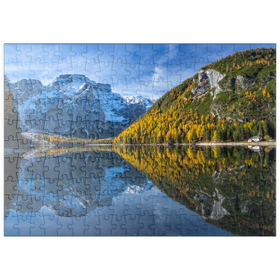 Darstellung des Puzzle-Motivs Pragser Wildsee im Naturpark Fanes-Sennes-Prags gegen Seekofel, Südtirol – Puzzleteile: 200