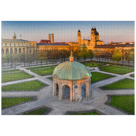 Darstellung des Puzzle-Motivs Dianatempel mit der Frauenkirche und der Theatinerkirche im Sonnenaufgang – Puzzleteile: 1000