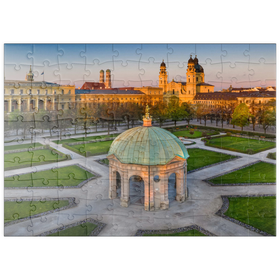 Darstellung des Puzzle Motivs Dianatempel mit der Frauenkirche und der Theatinerkirche im Sonnenaufgang - Puzzleteile: 100