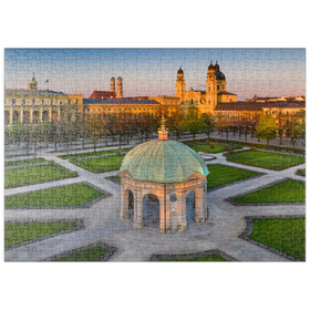 Darstellung des Puzzle-Motivs Dianatempel mit der Frauenkirche und der Theatinerkirche im Sonnenaufgang – Puzzleteile: 500