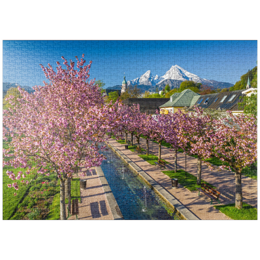 puzzleplate Blühende Kirschbäume, Kirschblüte im Kurgarten von Berchtesgaden mit dem Watzmann 1000 Puzzle