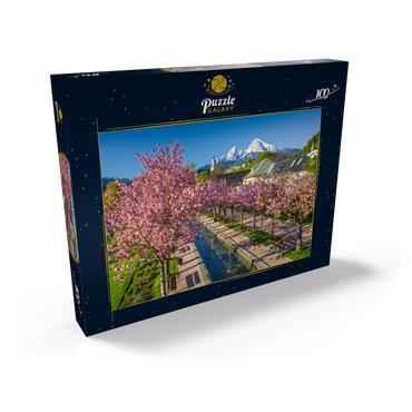 Blühende Kirschbäume, Kirschblüte im Kurgarten von Berchtesgaden mit dem Watzmann 100 Puzzle Schachtel Ansicht2