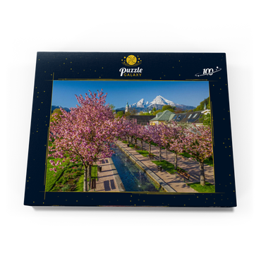 Blühende Kirschbäume, Kirschblüte im Kurgarten von Berchtesgaden mit dem Watzmann 100 Puzzle Schachtel Ansicht3