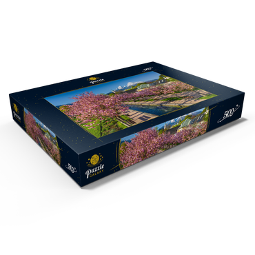 Blühende Kirschbäume, Kirschblüte im Kurgarten von Berchtesgaden mit dem Watzmann 500 Puzzle Schachtel Ansicht1