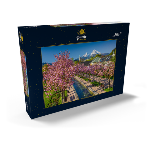 Blühende Kirschbäume, Kirschblüte im Kurgarten von Berchtesgaden mit dem Watzmann 500 Puzzle Schachtel Ansicht2