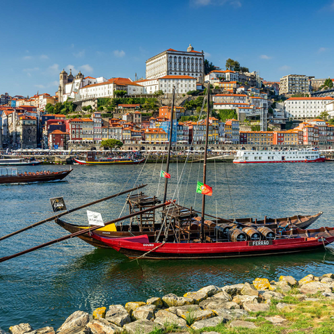Rabelo Boote auf dem Fluss Douro mit Blick zur Altstadt Ribeira von Porto 1000 Puzzle 3D Modell