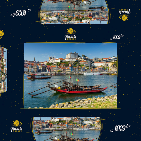 Rabelo Boote auf dem Fluss Douro mit Blick zur Altstadt Ribeira von Porto 1000 Puzzle Schachtel 3D Modell