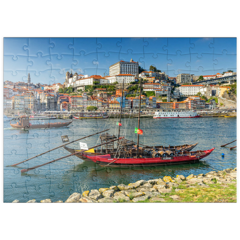 puzzleplate Rabelo Boote auf dem Fluss Douro mit Blick zur Altstadt Ribeira von Porto 100 Puzzle