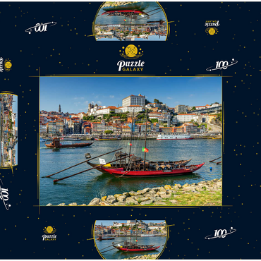 Rabelo Boote auf dem Fluss Douro mit Blick zur Altstadt Ribeira von Porto 100 Puzzle Schachtel 3D Modell