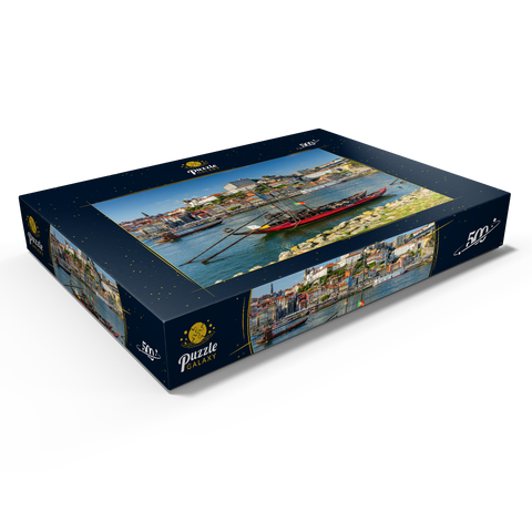 Rabelo Boote auf dem Fluss Douro mit Blick zur Altstadt Ribeira von Porto 500 Puzzle Schachtel Ansicht1
