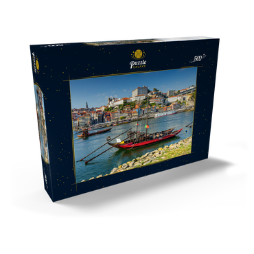 Rabelo Boote auf dem Fluss Douro mit Blick zur Altstadt Ribeira von Porto 500 Puzzle Schachtel Ansicht2