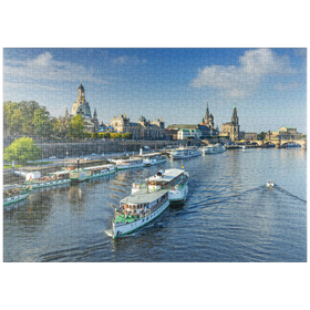 Darstellung des Puzzle-Motivs Terrassenufer mit den Schiffen der weißen Flotte, Brühlsche Terrasse an der Elbe – Puzzleteile: 1000