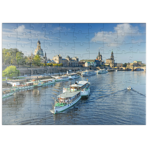puzzleplate Terrassenufer mit den Schiffen der weißen Flotte, Brühlsche Terrasse an der Elbe 100 Puzzle