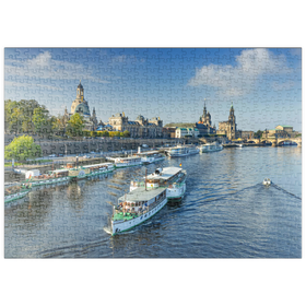 Darstellung des Puzzle Motivs Terrassenufer mit den Schiffen der weißen Flotte, Brühlsche Terrasse an der Elbe - Puzzleteile: 500