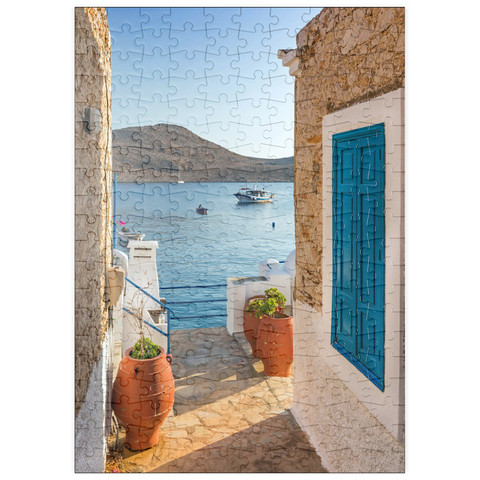puzzleplate Gasse mit Blick zum Meer am Morgen, Hafenort Emborios, Insel Chalki, Dodekanes, Griechenland 200 Puzzle