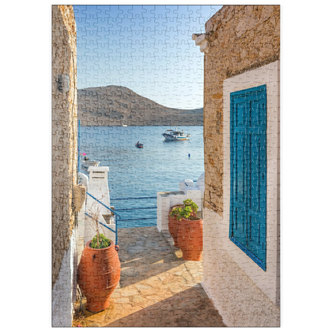 puzzleplate Gasse mit Blick zum Meer am Morgen, Hafenort Emborios, Insel Chalki, Dodekanes, Griechenland 500 Puzzle