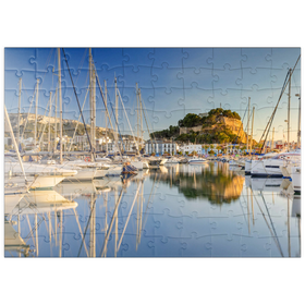Darstellung des Puzzle Motivs Abend am Hafen mit dem Castillo in Denia, Costa Blanca, Spanien - Puzzleteile: 100