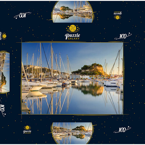 Abend am Hafen mit dem Castillo in Denia, Costa Blanca, Spanien 100 Puzzle Schachtel 3D Modell