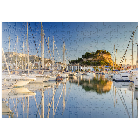 puzzleplate Abend am Hafen mit dem Castillo in Denia, Costa Blanca, Spanien 200 Puzzle